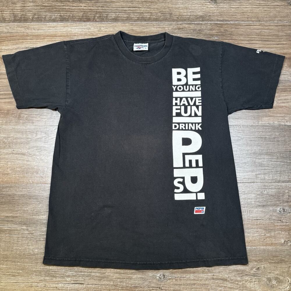 Vintage Reebok Shirt Mens Large Black Pepsi Be Young Have Fun Graphic 90s USA